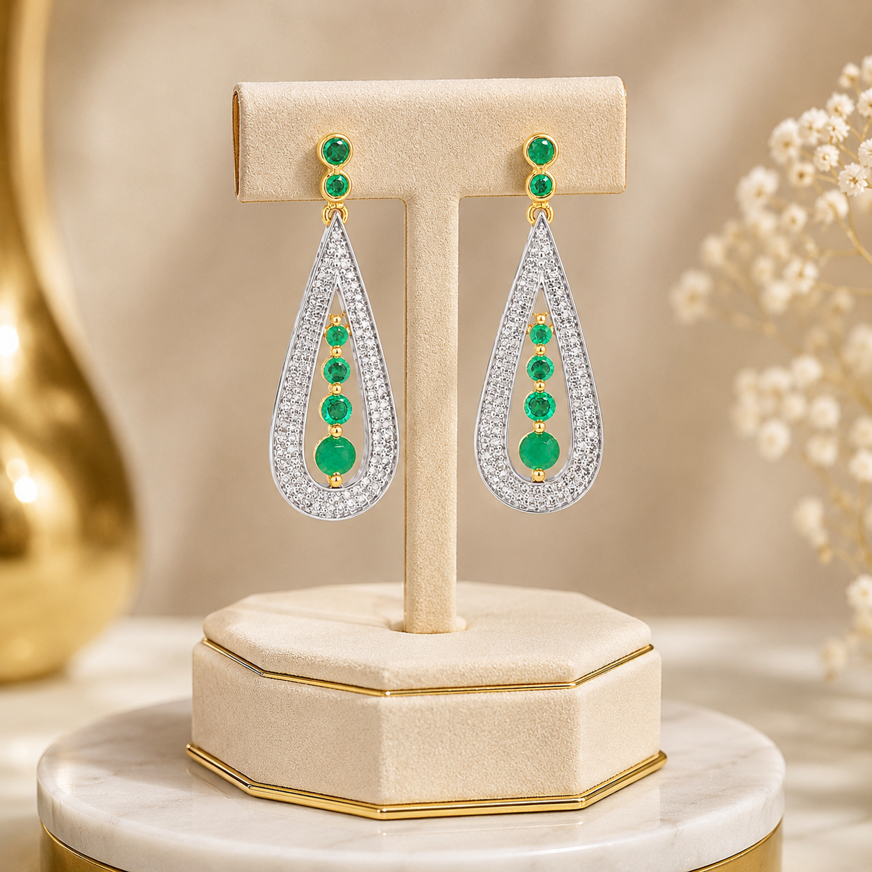 Gold Emerald Diamond Drop Earrings